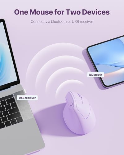 Ergonomic Mouse, USB+Bluetooth Dual Connection, Wireless Vertical Mouse for Reducing Wrist Pain, 1000/1600/2400 DPI, Ergo Mouse with Quiet Click for Windows Mac OS PC Computer Laptop, Purple