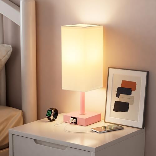 Touch Table Lamp for Bedroom - Dimmable, USB C+A, White Lamphade Pink Base