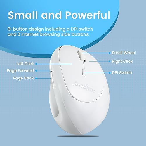 Perixx PERIMICE-719W Wireless Portable Vertical Mouse - Silent Clicks - Right-Handed Design - White