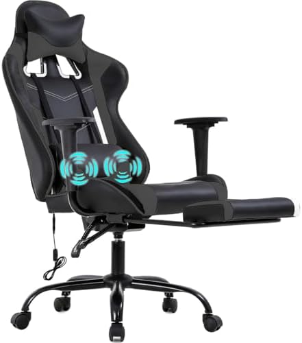 BestOffice Ergonomic Gaming Chair, Grey, Adjustable, Vibration, Faux Leather