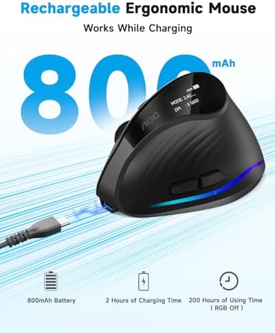 AOC Ergonomic Mouse, 2.4GHz Wireless Bluetooth Vertical Mouse, Rechargeable