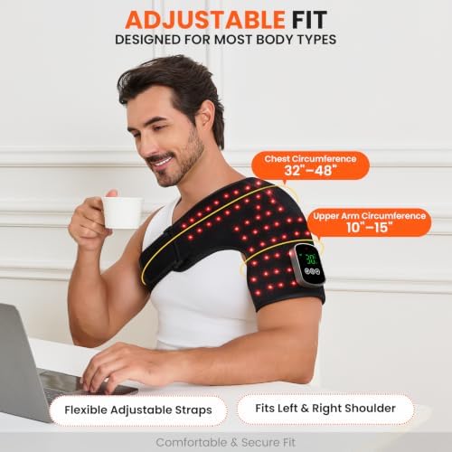 Cordless Red Light Therapy for Shoulder with Heat & Vibration Massage, 80 LEDs 660nm & 850nm Near Infrared Light Shoulder Wrap, 5 Light Levels, Rechargeable 5000mAh Red Light Shoulder Therapy Device