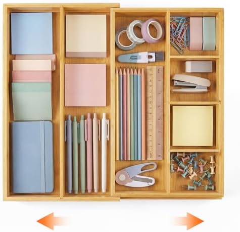 Bamboo Sliding Desk Drawer Organizer 8.2'' up to 16.4'' x 14.4'' x 2.2'' Expandable Office Desk Accessories Supplies Tray with 7 Compartments for Pens, Notebooks, Rulers, and Makeup Jewelry Vanity