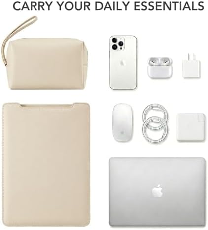4-in-1 Laptop Sleeve with Stand and Mouse Pad, Faux Leather Protective Case with Accessory Pouch for 13.3-14 Inch Laptops (Beige)