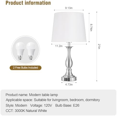 Bedside Table Lamp Touch Control Bedroom Lamps with USB A + C Charging Port 3 Way Dimmable Touch Lamps for Nightstand Living Room Bedroom Dorm Home Office Reading, Set of 2 (White Shade & Nickel Base)