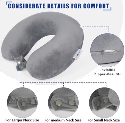 SAIREIDER Airplane Pillow 100% Memory Foam Neck Pillow for Airplanes Flight Rest Best Adjustable Travel Neck Support Pillows-Prevent The Heads from Falling Forward (Grey)