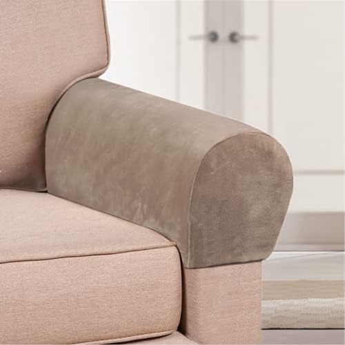 2 Pack Velvet Stretch Armrest Covers - Non Slip Sofa Chair Covers, Soft Elastic Arm Protectors for Living Room Couch, Office Chair, Recliner (Taupe)