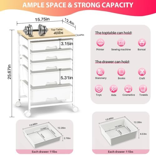 Goovilla Rolling Cart with 5 Drawers for Craft, Art, Dorm, Office, White