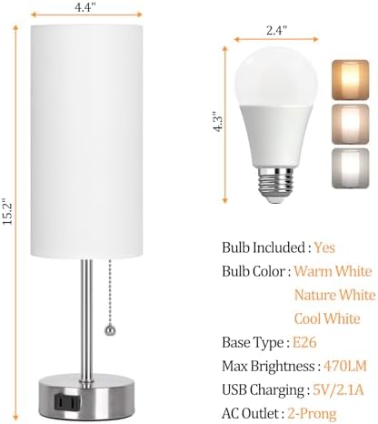 Dott Arts Table Lamp for Bedroom, 3-Color Bedside Lamps with Pull Chain