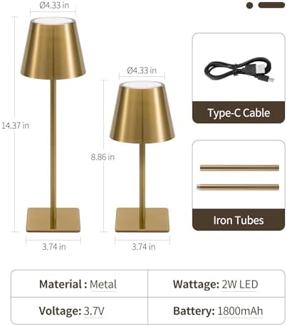 UME Cordless Table Lamp, Battery Operated Lamp - Portable Waterproof Rechargeable Table Lamp w/ 3 Color Temps & Stepless Dimming for Dinner, Desk, Cafe, Outdoor (Brushed Gold)