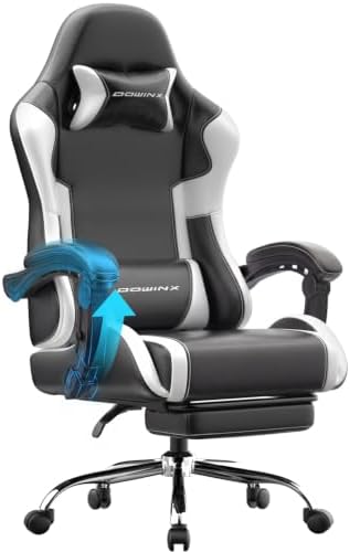 Dowinx Ergonomic Gaming Chair with Footrest & Massage Lumbar, 2D-Linkage Armrests for Computer Chair 330lbs with Headrest Pillow for Office, Home, Streaming and Long Gaming Sessions, White