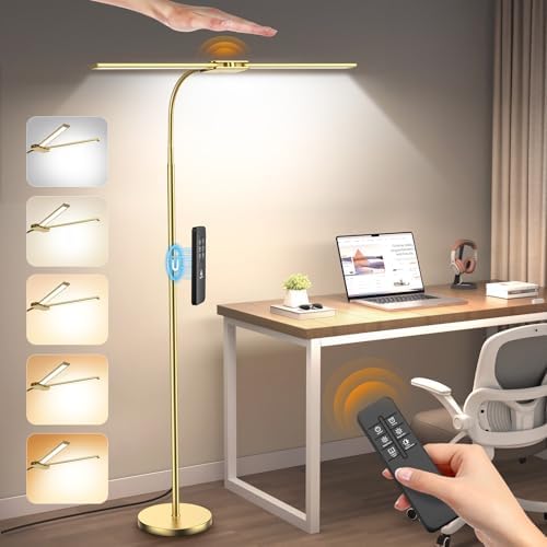 Syrinx LED Floor Lamp, 18W 2000LM Bright Reading Floor Lamp for Office, Gesture & Remote Control, Dual Head Gooseneck Standing Lamp, Dimmable Brightness & Color Temp, Floor Light for Living Room, Gold