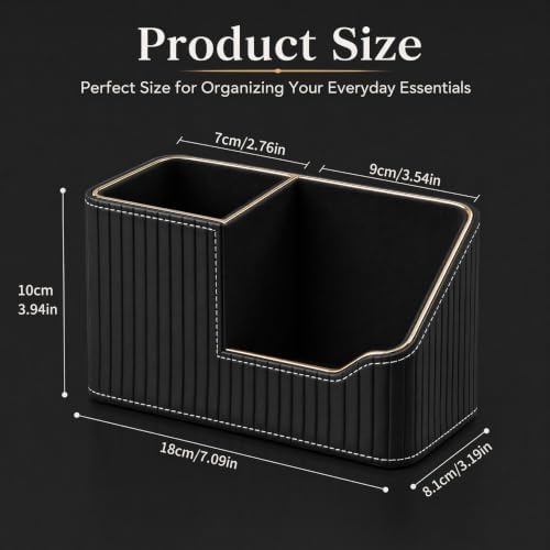 KINGFOM Luxury Black PU Leather Desk Organizer with Gold Trim, Premium Pen Holder for Desk Accessories, Modern Office Supplies Organizer for Home Office Desk Decor