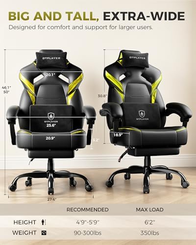 GTPLAYER Big and Tall Gaming Chair with Footrest, High Back Ergonomic Office Chair for Adults, Heavy Duty 350 lbs Capacity, Premium Leather & Iridescent Trim, ACE-Armor, Yellow