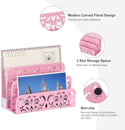 EasyPAG Mail Organizer Countertop 2pc Desk Mail Sorter for Envelope 3-Slot Vertical Letter Holder for Office, Home, School, Pink