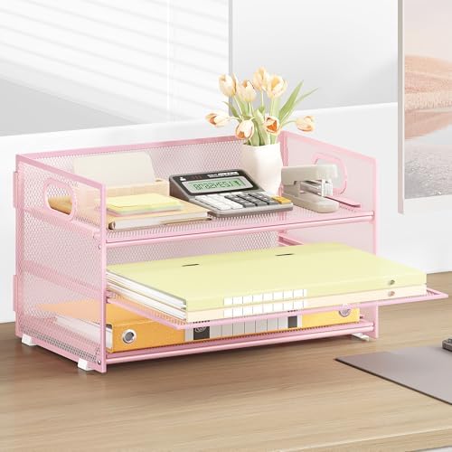 Subekyu 3 Tier Paper Letter Tray Organizer for Desk, Pink Metal Mesh File Folder Sorter Organizer with Handle and 1 PC Sliding Tray for Home Office School Desk Supplies Organization Storage