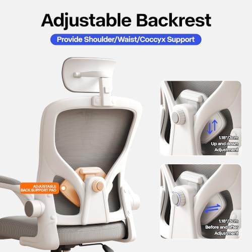 Office Chair, Ergonomic Desk Chair with Adjustable Lumbar Support, High Back Mesh Computer Chair and Headrest, Comfortable Gaming Chairs Rolling Swivel Task Chairs Flip-up Arms(Grey)