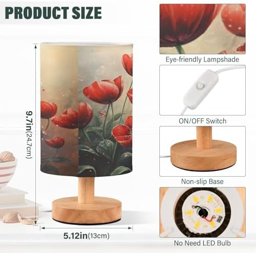 ALAZA Red Poppy Flower Leaves Oil Painting Decor Bedside Table Lamp with USB Port for Bedroom Nightstand Office Desk LED Bulb Included
