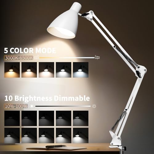 Swing Arm Desk Lamp with Clamp, Adjustable Arm LED Clamp on Desk Lamps with 5 Color Modes and 10 Brightness for Home Office Reading Drafting Study (White)