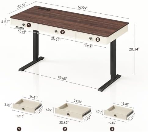 ONBRILL 63" Electric Standing Desk with 3 Drawers, Home Office Desk, Walnut