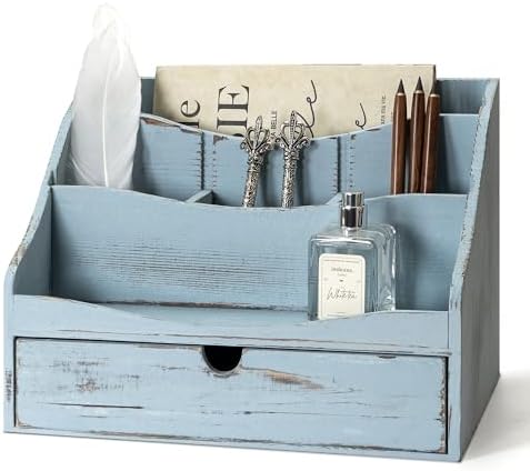 RebeeVision Mail Organizer: Wood Desk Organizer with 4-Slot for Office,Blue
