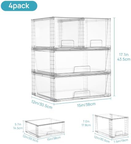 Vtopmart Clear Stackable Storage Drawers, 4 Pack Wide Organizer Set
