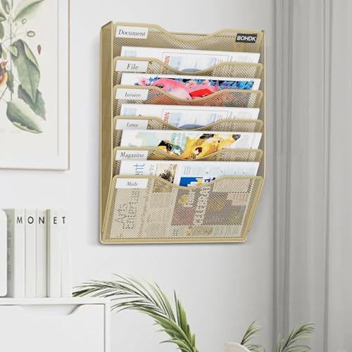 BOHDK Wall File Organizer, Hanging File Folder Mail Organizer, Vertical Mesh Metal Door/Wall Mount Hanging File Holder, Paper Document Magazine Rack with Hooks for Home Office (6 Tier Gold)