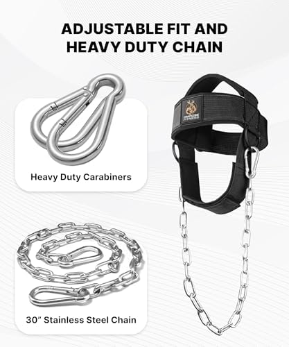 DMoose Fitness Neck Harness for Weight Lifting - Soft Padded Head & Chin Strap with 30" Heavy Duty Steel Chain - Neck Exerciser, Trainer & Strengthener to Support Injury Recovery and Intense Workouts