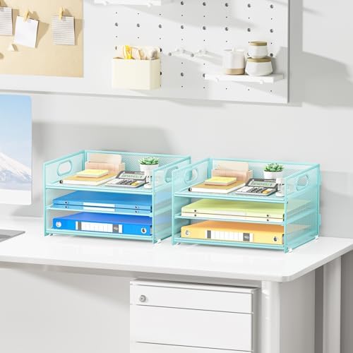 Paper Organizer with Handle,2P-3 Tier Blue Desk Organization Set