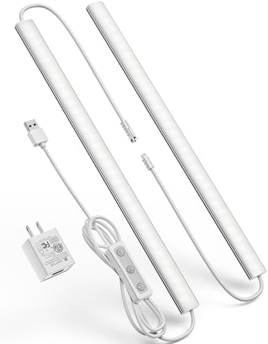Plug-in Under Cabinet Lighting, Dimmable Counter Lights for Kitchen, 2pcs 12 Inch, Cold White 6000K Linkable USB Led Closet Light, Wired Indoor Night Lights Bar for Desk, Sink,Workbench