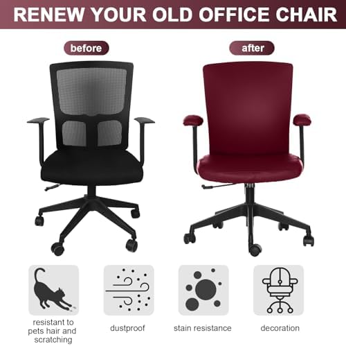 Tallew 4 Pcs Office Chair Covers PU Leather Office Desk Accessories Universal Computer Chairs Cover Stretchable Protective Chair Seat Covers Desk Armrest Cover Slipcovers Rotating Backrest(Burgundy)