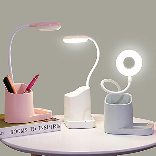 LED Desk Lamp, Home Office Eye-Caring Desk Light, with Pen Holder/Phone Holder/USB Charging Port Table Lamps, 3 Lighting Modes, Touch Control, Blue Light Filter, Reading Lamp, 1200mAh White