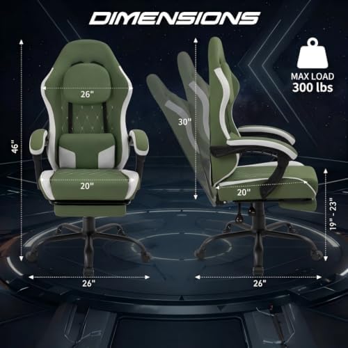 Video Gaming Chair, Ergonomic Office Chair with Footrest, Lumbar Support and Linkage Armrests, Swive Home Video Game Chairs for Adults, Green