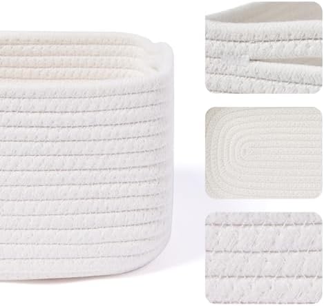 MiniArk Small Storage Baskets for Organizing | Closet Organizer Bins | Shelf Toy Basket | Woven Rope Baskets | Cube Decorative Box | Shallow Basket | 13x8.5x5.1” | 4 Packs Off White