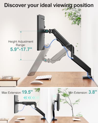 Single Monitor Desk Mount, 19-34 inch Adjustable Full Motion Monitor Arm, Computer Monitor Stand Holder with Clamp and Grommet Base, Fits 4.4 to 19.8lbs Screens, VESA Mount Bracket, Black