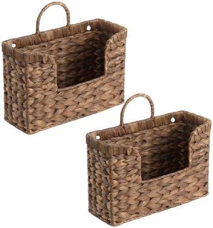 Set of 2 Coffee Water Hyacinth Hanging Baskets with Handle, Wall Baskets Storage, Wall Mounted Organizer, Magazine Holder Magazine Basket, Farmhouse Baskets for Flowers/Magazine/Fruit Storage