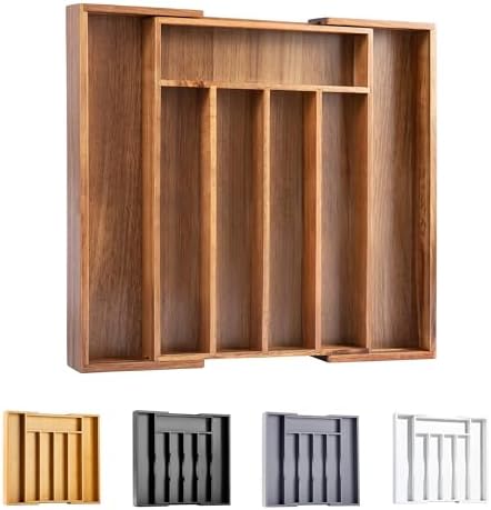 Bellsal Acacia Silverware Organizer Kitchen Drawer Organizer Expandable Bamboo Utensil Holder Cutlery Tray for Kitchen Utensil and Flatware Bedroom Office