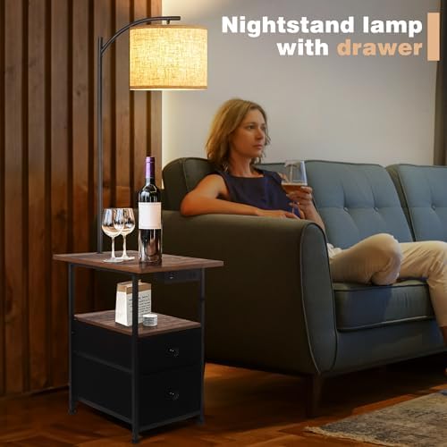 PESRAE Floor Lamp with Table & 2 Drawers, End Table with Lamp, Natural Wood