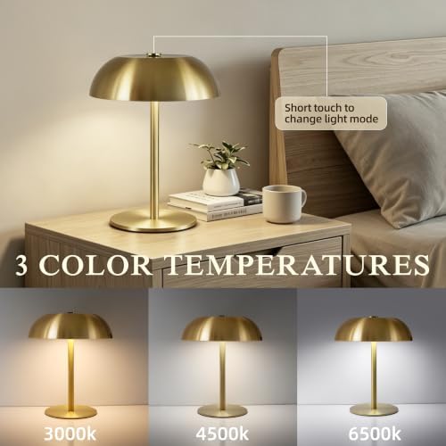 2 Pack Portable LED Mushroom Table Lamp, 12H Cordless Metal Night Light with Rechargeable Battery, Stepless Dimmable 3 Colors Desk Lamp for Bedroom Bar Coffee Shop(Brushed Gold)