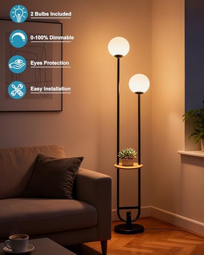 63IN 2-Globe Floor Lamp Dimmable Tall Standing Lamps with Table 3000K Warm White Unique Vintage Modern Mid Century Floor Lamp with 5Lbs Heavy Base for Living Room-Black