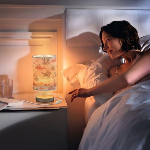 Bedside Lamp West Cowboy Horse Cactus Table Lamp for Bedroom LED Nightstand Lamp Shade USB Ports Wood Base for Living Room Dorm Office
