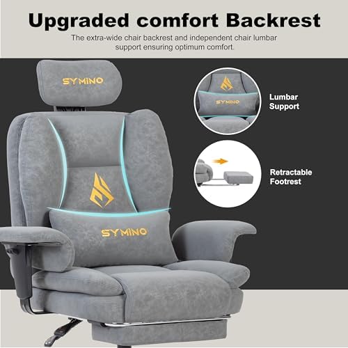 Symino Gaming Chair with Footrest, Up/Down Armrests, Suede Fabric Ergonomic Office Chair, 155° Recline Computer Chair for Desk, Grey