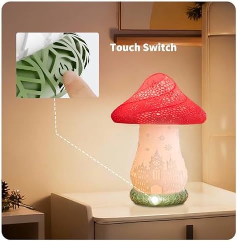 Cordless Mushroom Lamp - Rechargeable Touch Lamp for Nightstand, 3 Color Temperature Bedside Lamp with Rotating Castle Shade, Battery Operated Small Lamp for Bedroom, Nursery, Kids Room