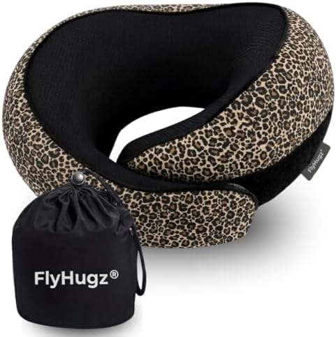 FlyHugz® Neck Travel Pillow Memory Foam Neck Pillow, Leopard Print