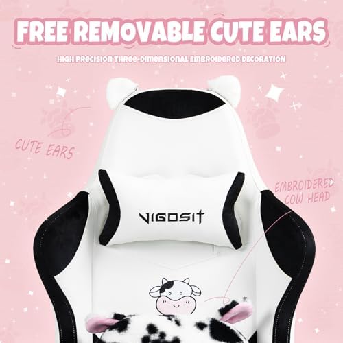 Gaming Chair, Cute Cat Gaming Chairs with Paw Lumbar Cushion for Girls, Video Gamer Chair with Footrest for Girl Teen Woman (WhiteBlack-A)