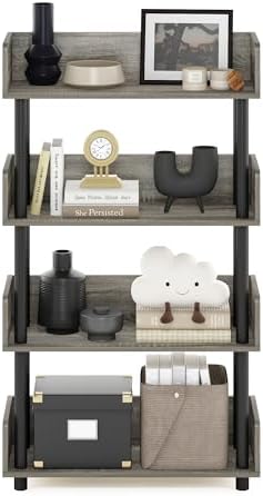 Furinno TURN-N-TUBE 4-Tier Display Shelf, Storage Shelves, Book Shelf, Open Shelves with Rounded Corner Top Edges, for Organization and Storage, Living Room, Home Office, French Oak