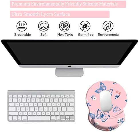 Ergonomic Wrist Support Mouse Pad - Comfortable Computer Mouse Pad with Non-Slip PU Base for Home Office Working Gaming (Blue Butterfly on Pink)