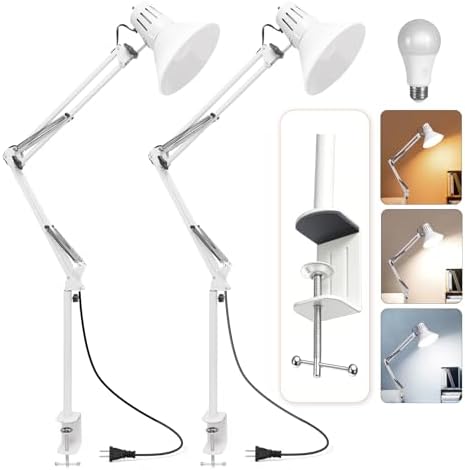 COOSPIDER White Dimmable Desk Lamp with Clamp, Adjustable Swing Arm, 2 Pack