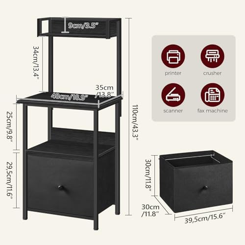 MAHANCRIS Printer Table with Storage, Home Printer Stand with File Cabinet, Fits A4/Letter Size Files, Printer Cabinet with Large Tabletop, Display Shelf, for Home Office, Black PTBK3501
