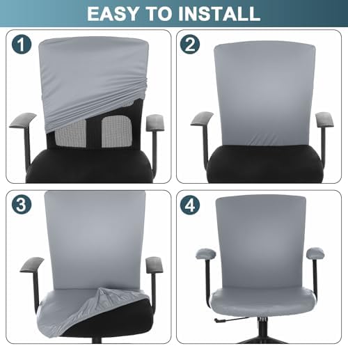 Tallew 4 Pcs Office Chair Covers PU Leather Office Desk Accessories Universal Computer Chairs Cover Stretchable Protective Chair Seat Covers Desk Armrest Cover Slipcovers Rotating Backrest(Grey)